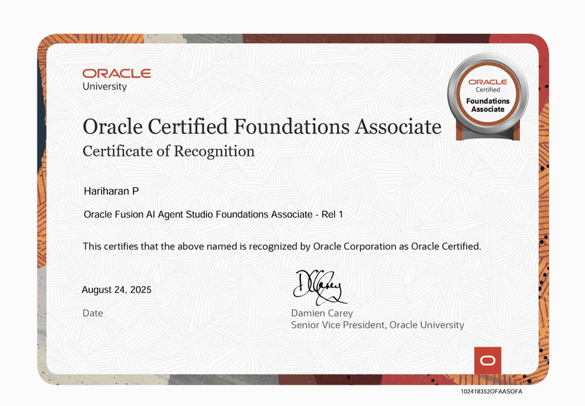 Oracle Fusion AI Agent Studio Foundations Associate Certificate